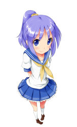 Rule 34 | 00s, 1girl, alternate hairstyle, arms behind back, blue eyes, blush, bow, from above, full body, hair bow, hair ornament, hiiragi tsukasa, loafers, lucky star, neckerchief, orange-pengin, perspective, pigeon-toed, ponytail, purple hair, revision, school uniform, serafuku, shoes, simple background, skirt, smile, solo, white background, white legwear, yellow neckerchief