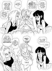Rule 34 | 3girls, android 18, black hair, black shirt, breasts, bulma, chi-chi (dragon ball), dragon ball, dragon ball (object), dragonball z, embarrassed, english text, fins, fish tail, funsexydb, greyscale, highres, large breasts, long hair, mermaid, monochrome, monster girl, multiple girls, name on shirt, navel, scales, shirt, striped sleeves, tail