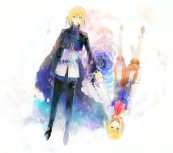 Rule 34 | 2boys, aged down, bad id, bad pixiv id, blonde hair, brown eyes, cape, cogiku, dual persona, flower, full body, gradient background, male focus, multiple boys, plant, richard (tales), rotational symmetry, tales of (series), tales of graces, time paradox, upside-down, white background