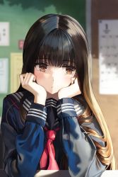 Rule 34 | 1girl, bekkuro, black sailor collar, black serafuku, black shirt, blunt bangs, blush, brown eyes, brown hair, classroom, closed mouth, commentary request, day, hands on own cheeks, hands on own face, highres, indoors, long sleeves, looking away, looking to the side, neckerchief, original, red neckerchief, sailor collar, school uniform, serafuku, shirt, solo, sunlight