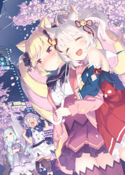 Rule 34 | 4girls, :d, ^ ^, animal ear fluff, animal ears, arm hug, bare shoulders, bell, black bow, black legwear, blonde hair, blue hair, blue sleeves, blush, boots, bow, breasts, cat ears, center frills, cherry blossoms, closed eyes, closed mouth, commentary request, crossed arms, delmin (show by rock!!), detached sleeves, dragon horns, dress, flower, fox ears, frills, fur-trimmed boots, fur trim, hair bell, hair between eyes, hair ornament, highres, holding, holding umbrella, horns, howan (show by rock!!), jacket, jingle bell, kani biimu, long hair, long sleeves, mashima himeko (show by rock!!), medium breasts, multicolored hair, multiple girls, nose blush, open clothes, open jacket, open mouth, petals, pink flower, pink hair, pink jacket, pleated skirt, puffy short sleeves, puffy sleeves, purple dress, purple footwear, purple hair, purple legwear, purple skirt, red eyes, red skirt, ribbon-trimmed sleeves, ribbon trim, ruhuyu (show by rock!!), shirt, short sleeves, show by rock!!, side ponytail, sidelocks, silver hair, skirt, sleeveless, sleeveless dress, smile, standing, standing on one leg, striped, striped bow, surprised, tail, tail raised, teardrop, thighhighs, transparent, transparent umbrella, tree, twintails, two-tone hair, umbrella, very long hair, white dress, white shirt, wide sleeves, wolf ears, wolf girl, wolf tail