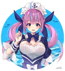Rule 34 | 1girl, ahoge, anchor symbol, bird, black bow, black bowtie, black dress, black ribbon, blue hair, blue nails, blunt bangs, blush, bow, bowtie, braid, breasts, cleavage, cleavage cutout, clothing cutout, colored inner hair, commentary request, dark fuu, dress, hair ribbon, highres, hololive, looking at viewer, maid, maid headdress, medium breasts, minato aqua, minato aqua (1st costume), multicolored hair, nail polish, open mouth, puffy short sleeves, puffy sleeves, purple eyes, purple hair, ribbon, round teeth, short sleeves, sidelocks, signature, solo, streaked hair, tareme, teeth, twintails, two-tone hair, upper body, upper teeth only, virtual youtuber, white bow, wrist cuffs