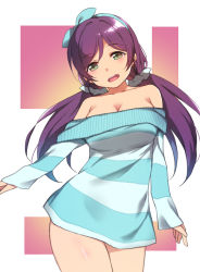 Rule 34 | 1girl, bare shoulders, blue hairband, breasts, cleavage, duke (inu daimyou), green eyes, hair ornament, hair scrunchie, hairband, large breasts, long hair, long sleeves, looking at viewer, love live!, love live! school idol project, low twintails, open mouth, purple hair, scrunchie, solo, striped background, striped clothes, striped sweater, sweater, thighs, tojo nozomi, twintails, white scrunchie