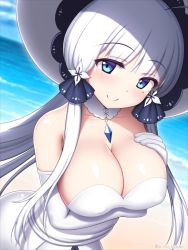 Rule 34 | 1girl, arisu kazumi, azur lane, beach, blue eyes, blush, breast hold, breasts, cleavage, closed mouth, collarbone, comm, day, dress, elbow gloves, gloves, hair ribbon, hand on own chest, hat, head tilt, illustrious (azur lane), large breasts, leaning forward, long hair, looking at viewer, mole, mole under eye, outdoors, ribbon, shiny skin, smile, solo, standing, strapless, strapless dress, sun hat, tress ribbon, tri tails, twitter username, very long hair, white dress, white gloves, white hair, white hat