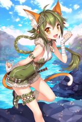 Rule 34 | 10s, 1girl, animal ears, arm strap, bandages, boots, braid, breasts, cat ears, cat tail, chain chronicle, cloud, collar, day, fang, floating hair, green hair, leg lift, legwear garter, lince (chain chronicle), lindsay (chain chronicle), long hair, looking at viewer, nardack, ocean, official art, open mouth, orange eyes, outdoors, single legwear garter, small breasts, solo, tail, thigh strap, water