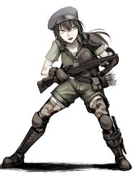 Rule 34 | 1girl, armor, arrow (projectile), beret, black hair, bow (weapon), breastplate, crossbow, full body, green eyes, hat, hetza (hellshock), knee pads, knife, long hair, pointy ears, shorts, simple background, solo, thighhighs, weapon, white background