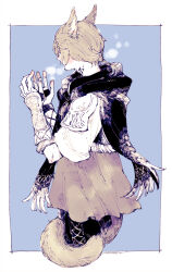 Rule 34 | 1boy, animal ears, black pants, black scarf, blue background, border, braid, braided ponytail, breath, brown hair, cat boy, cat ears, cat tail, cowboy shot, cropped legs, dated, elbow gloves, facing away, final fantasy, final fantasy xiv, fingerless gloves, fringe trim, from behind, g&#039;raha tia, gloves, hair ornament, hands up, hatching (texture), itowo (itowc), jacket, limited palette, male focus, miqo&#039;te, outdoors, pants, scarf, short hair, signature, simple background, single braid, solo, standing, tail, tail around own leg, white border, x hair ornament