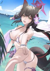 Rule 34 | 1girl, bad anatomy, bare shoulders, beach, bikini, blue archive, blue sky, blush, breasts, brown hair, cleavage, collarbone, halo, highres, large breasts, long hair, looking at viewer, navel, ocean, open mouth, serie niai, shore, sky, smile, solo focus, swimsuit, thighs, wakamo (blue archive), wakamo (swimsuit) (blue archive), white bikini, yellow eyes