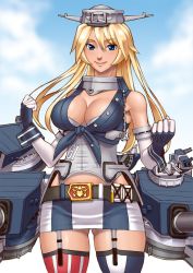 Rule 34 | 10s, 1girl, bad id, bad pixiv id, blonde hair, blue eyes, breasts, cowboy shot, elbow gloves, fingerless gloves, front-tie top, garter straps, gloves, gluteal fold, headgear, highres, iowa (kancolle), kantai collection, large breasts, lips, machinery, miniskirt, shigenobu, skirt, solo, standing, thighhighs