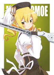 Rule 34 | 10s, 1girl, beret, blonde hair, breasts, character name, detached sleeves, drill hair, fingerless gloves, gloves, gun, hair ornament, hairpin, hat, long hair, looking at viewer, looking back, magical girl, magical musket, mahou shoujo madoka magica, mahou shoujo madoka magica (anime), massala, medium breasts, puffy sleeves, shoulder rest, skirt, smile, solo, tomoe mami, twin drills, twintails, weapon, yellow eyes