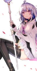 Rule 34 | 1girl, bad id, bad twitter id, black thighhighs, blush, breasts, fate/grand order, fate/prototype, fate (series), fingerless gloves, gloves, invisible chair, medium breasts, merlin (fate/prototype), merlin (fate/prototype) (second ascension), petals, pink eyes, robe, sakura (tariliko), short hair, sidelocks, silver hair, sitting, smile, solo, staff, thighhighs