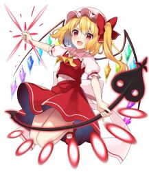 Rule 34 | 1girl, ascot, blonde hair, blush, collared shirt, crystal, danmaku, fang, flandre scarlet, frilled shirt collar, frilled sleeves, frills, full body, hair between eyes, hat, laevatein (touhou), long hair, mob cap, one side up, open mouth, red eyes, red footwear, red skirt, red vest, ruhika, shirt, shoes, short sleeves, simple background, skirt, smile, socks, solo, touhou, vest, white background, white hat, white shirt, white socks, wings, yellow ascot