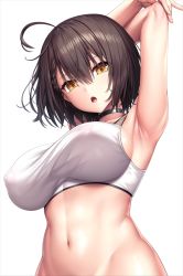 Rule 34 | 1girl, ahoge, armpits, arms behind head, arms up, azur lane, baltimore (azur lane), baltimore (black ace) (azur lane), bare arms, bare shoulders, black choker, blush, breasts, brown hair, choker, commentary request, covered erect nipples, hair between eyes, lambda (kusowarota), large breasts, looking at viewer, looking down, navel, nipples, official alternate costume, open mouth, puffy nipples, see-through, short hair, simple background, solo, sports bra, stomach, upper body, white background, white sports bra, yellow eyes