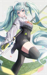 Rule 34 | 1girl, absurdres, aqua eyes, aqua hair, asymmetrical bodysuit, black bodysuit, bodysuit, boots, covered navel, crop top, crop top overhang, cropped jacket, flag, flagpole, flame print, goodsmile racing, hasu (selisa), hatsune miku, highres, holding, holding flag, holding pole, long hair, long sleeves, navel, pole, racing miku, racing miku (2022), single thigh boot, smiley face, standing, standing on one leg, thigh boots, thighhighs, twintails, two-tone gloves, very long hair, vocaloid