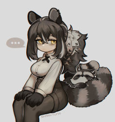 Rule 34 | ..., 1girl, animal, animal ears, animal hands, arknights, artist name, black necktie, black pantyhose, black shorts, breasts, brown hair, collared shirt, cross tie, crossed bangs, ear piercing, feet out of frame, freckles, grey background, hair between eyes, highres, invisible chair, large breasts, long hair, looking at viewer, multicolored hair, necktie, pantyhose, pantyhose under shorts, piercing, ponytail, raccoon, raccoon ears, raccoon girl, raccoon tail, robin (arknights), sharktuna, shirt, shirt tucked in, shorts, simple background, sitting, solo, speech bubble, spoken ellipsis, streaked hair, tail, white hair, white shirt, yellow eyes