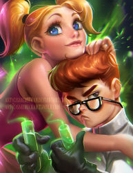 Rule 34 | 1boy, 1girl, annoyed, bare shoulders, black gloves, blonde hair, blue eyes, brother and sister, cartoon network, chromatic aberration, dee dee, dexter&#039;s laboratory, dexter (dexter&#039;s laboratory), frown, glasses, gloves, green background, hug, looking at viewer, orange hair, pompadour, sakimichan, short hair, siblings, sleeveless, smile, test tube, text focus, twintails, watermark, web address