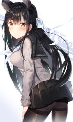 Rule 34 | 1girl, animal ear fluff, animal ears, ass, atago (azur lane), atago (school traumerei) (azur lane), azur lane, black hair, black pantyhose, blush, braid, breasts, brown eyes, cardigan, character name, closed mouth, cowboy shot, extra ears, french braid, from behind, hair ribbon, hand on own thigh, highres, leaning forward, long hair, looking at viewer, looking back, medium breasts, miamuly, mole, mole under eye, neckerchief, pantyhose, pleated skirt, ribbon, sailor collar, school uniform, skirt, smile, solo, swept bangs, thighband pantyhose, twisted torso, uniform, white neckerchief, white ribbon