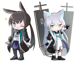 Rule 34 | 2girls, ;d, absurdres, amiya (arknights), animal ear fluff, animal ears, arknights, black footwear, black jacket, black pantyhose, blue eyes, brown hair, cat ears, cat girl, cat tail, closed mouth, dress, flying sweatdrops, green eyes, grey hair, highres, jacket, jewelry, long hair, long sleeves, low ponytail, multiple girls, one eye closed, open clothes, open jacket, open mouth, pantyhose, ponytail, puffy long sleeves, puffy sleeves, purple skirt, rabbit ears, ring, rosmontis (arknights), shirt, shoes, simple background, skirt, smile, spam (spamham4506), sparkle, tail, very long hair, white background, white dress, white shirt