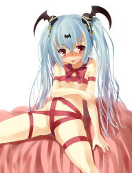 Rule 34 | 1girl, absurdres, alice (queen&#039;s gate), bad id, bad pixiv id, bed, blue hair, blush, bow, bowtie, breasts, flat chest, hair ornament, highres, long hair, naked ribbon, queen&#039;s blade, queen&#039;s gate, red eyes, redcomet, ribbon, small breasts, solo, tongue, twintails, white background