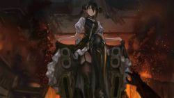 Rule 34 | 1girl, 1other, agent (girls&#039; frontline), artist request, black footwear, black gloves, black hair, black legwear, black panties, blurry, boots, clothes lift, commander (girls&#039; frontline), depth of field, destruction, double bun, dress, dress lift, embers, fire, frown, game cg, garter straps, girls&#039; frontline, gloves, gun, hair bun, half gloves, indoors, lifted by self, looking at viewer, looking down, maid, maid headdress, mechanical arms, medium hair, official art, panties, pantyshot, pov, pov hands, puffy short sleeves, puffy sleeves, short sleeves, smoke, stepped on, stepping, thigh boots, underwear, weapon, yellow eyes