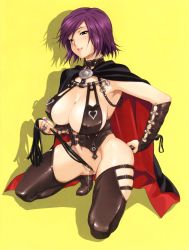 Rule 34 | 1girl, absurdres, armpits, breasts, cape, cat o&#039; nine tails, crotch rub, eyeliner, female masturbation, green eyes, happoubi jin, highres, huge breasts, huge filesize, large breasts, makeup, masturbation, nail polish, purple hair, purple nails, pussy, pussy juice, short hair, simple background, smile, solo, squatting, thighhighs, whip, yellow background