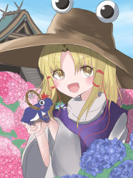 Rule 34 | :d, absurdres, animal, animal on hand, architecture, blonde hair, blue flower, blue sky, blush, blush stickers, brown headwear, day, east asian architecture, flower, hair ribbon, heart, heart-shaped pupils, highres, hydrangea, large hat, long hair, long sleeves, looking at viewer, moriya suwako, open mouth, outdoors, pink flower, purple vest, red ribbon, ribbon, shirt, sky, smile, symbol-shaped pupils, touhou, upper body, vest, white shirt, wide sleeves, yellow eyes, yuzuki no kimi