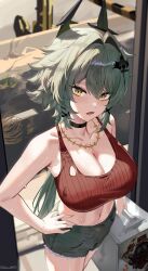 1girl alternate_costume bare_shoulders black_choker black_horns black_shorts blush breasts caesar_king_(zenless_zone_zero) choker cleavage collarbone commentary crop_top from_above green_hair hair_between_eyes hair_intakes hair_ornament hand_on_own_hip highres holding horns large_breasts long_hair looking_at_viewer maanu midriff navel open_mouth red_shirt shirt shorts solo sweat toolbox twitter_username very_long_hair x_hair_ornament yellow_eyes zenless_zone_zero