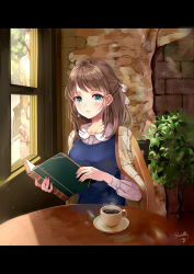 Rule 34 | 1girl, blanket, blue dress, blue eyes, blush, book, bow, brick wall, brown hair, coffee, collared shirt, commentary request, cup, dress, dress shirt, hair bow, highres, holding, holding book, indoors, letterboxed, long hair, long sleeves, open book, original, parted lips, puracotte, shirt, signature, sitting, sleeveless, sleeveless dress, solo, steam, table, white bow, white shirt, window