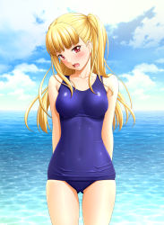 Rule 34 | 1girl, arms behind back, bare shoulders, blonde hair, blush, breasts, cloud, covered navel, day, long hair, looking at viewer, ocean, old school swimsuit, one-piece swimsuit, open mouth, outdoors, red eyes, school swimsuit, sin-go, sky, solo, standing, swimsuit, tokyo 7th sisters, two side up, uesugi u. kyouko, water