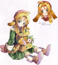 Rule 34 | 1girl, ahoge, animal ears, bag, blonde hair, blush, boots, bouquet, braid, flower, full body, gloves, green eyes, hair over shoulder, hat, knee boots, long hair, mariel (wild arms), official art, ooba wakako, pants, scan, simple background, sitting, smile, solo, twintails, white background, wild arms, wild arms 1