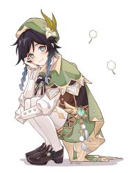 Rule 34 | 1boy, black footwear, black hair, blue eyes, blue hair, blush, bow, brooch, capelet, dandelion seed, flower, genshin impact, gradient hair, green capelet, green hat, green shorts, hat, hat flower, highres, jewelry, looking at viewer, male focus, multicolored hair, pantyhose, selyn, shoes, short shorts, shorts, simple background, smile, solo, squatting, striped, striped bow, trap, twitter username, venti (genshin impact), white background, white pantyhose