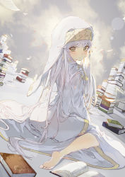 Rule 34 | 1girl, barefoot, blush, book, book stack, closed mouth, dress, dutch angle, full body, green eyes, habit, highres, index (toaru majutsu no index), long hair, looking at viewer, looking back, mont blanca, nun, open book, sitting, solo, toaru majutsu no index, veil, very long hair, wariza, white dress, white hair, white headwear
