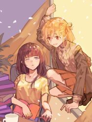Rule 34 | 2girls, aran sweater, black hair, blonde hair, book, book stack, brown jacket, cable knit, coffee mug, commentary, cup, curtains, day, drooling, falling leaves, hair ribbon, hashtag-only commentary, highres, holding, holding book, inoue takina, jacket, leaf, long hair, lycoris recoil, medium hair, mug, multiple girls, nishikigi chisato, one side up, pleated skirt, purple eyes, red eyes, red ribbon, red skirt, ribbon, saliva, shirt, short sleeves, skirt, sweater, window, yang miemie benti, yellow shirt