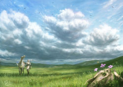 Rule 34 | 1boy, animal, arrow (projectile), bad id, bad pixiv id, bird, blue sky, bow (weapon), cloud, cloudy sky, commentary request, day, flock, flower, gauntlets, grass, highres, hill, horse, landscape, male focus, meadow, original, pink flower, plant, reins, robe, rock, scenery, shiki makoto, short hair, signature, sky, solo, standing, weapon, white hair, white robe, wide shot