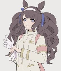 Rule 34 | 1girl, animal ears, blue eyes, breasts, brown hair, brown jacket, closed mouth, glove pull, gloves, grey background, hairband, highres, horse ears, jacket, liu xiaolu, long hair, long sleeves, looking at viewer, simple background, small breasts, smile, solo, split mouth, tosen jordan (umamusume), twintails, umamusume, upper body, white gloves