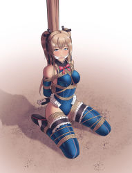 Rule 34 | 1girl, absurdres, arms behind back, bare shoulders, bdsm, blonde hair, blue eyes, blue one-piece swimsuit, blue thighhighs, blush, bondage, bound, breast bondage, breasts, cleave gag, cloth gag, crying, crying with eyes open, dead or alive, dead or alive 5, detached sleeves, frogtie, gag, gagged, hair ribbon, highres, hogtie, improvised gag, kneeling, leotard, long hair, looking at viewer, marie rose, one-piece swimsuit, pole, reptileye, ribbon, rope, solo, swimsuit, tears, thighhighs, twintails