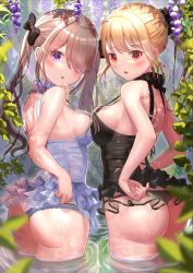Rule 34 | 2girls, :o, ass, asymmetrical docking, babydoll, back, bare arms, bare shoulders, black panties, black vs white, blonde hair, blue panties, blurry, blurry foreground, blush, bow, breast press, breasts, brown hair, cowboy shot, cross-laced clothes, flower, forest, frills, from behind, hair bow, hair ornament, hair over one eye, hair scrunchie, highres, lace trim, long bangs, long hair, looking at viewer, looking back, medium breasts, multiple girls, nape, nature, nightgown, open mouth, original, outdoors, panties, partially submerged, ponytail, purple eyes, red eyes, scrunchie, shade, shiny skin, shoulder blades, sideboob, sidelocks, strap gap, sunlight, surprised, swept bangs, twintails, underwear, wading, wanderlucia, wet, wet clothes