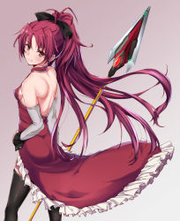 Rule 34 | 1girl, backless dress, backless outfit, bare shoulders, black thighhighs, detached sleeves, dress, frilled dress, frills, from behind, highres, holding, holding polearm, holding spear, holding weapon, long hair, looking at viewer, magical girl, mahou shoujo madoka magica, mahou shoujo madoka magica (anime), polearm, ponytail, puru (ex-150), red dress, red eyes, red hair, sakura kyoko, solo, spear, thighhighs, weapon, wrist cuffs