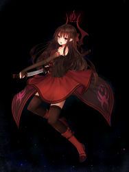 Rule 34 | 1girl, black thighhighs, brown hair, detached sleeves, dress, hanami dango (zzldango), highres, holding, holding sword, holding weapon, long hair, original, purple eyes, red dress, red ribbon, ribbon, solo, sword, thighhighs, weapon