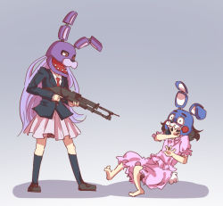 Rule 34 | 2girls, animal head, black hair, bonnie (fnaf), crossover, dress, five nights at freddy&#039;s, five nights at freddy&#039;s 2, gun, guuchama, inaba tewi, jacket, long hair, multiple girls, necktie, pink dress, purple hair, red necktie, reisen udongein inaba, rifle, scared, skirt, suit jacket, touhou, toy bonnie, weapon