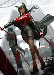 Rule 34 | 1girl, 2others, absurdres, animal ears, arknights, belt, black pantyhose, breasts, commentary, formal, ganet p, gloves, highres, holding, holding sword, holding weapon, long hair, looking at viewer, multiple others, necktie, pantyhose, rain, red eyes, red gloves, shorts, solo focus, suit, suspenders, sword, tail, texas (arknights), texas (willpower) (arknights), thigh strap, weapon, wolf ears, wolf girl, wolf tail