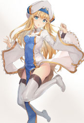 Rule 34 | 1girl, :o, ass, blonde hair, blue eyes, blush, boots, breasts, commentary request, full body, goblin slayer!, gradient background, hand up, hat, head tilt, highres, leg up, long hair, long sleeves, looking at viewer, medium breasts, parted lips, pelvic curtain, priestess (goblin slayer!), robe, solo, thigh boots, thighhighs, white background, white footwear, white hat, white robe, wide sleeves, xuan (pixiv31113827)