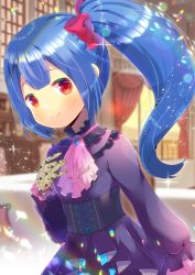 Rule 34 | 1girl, blue hair, blurry, blurry background, blush, bow, closed mouth, curtains, depth of field, dress, gloves, hair bow, hand up, indoors, kou hiyoyo, long hair, long sleeves, looking at viewer, original, pink neckwear, puffy long sleeves, puffy sleeves, purple dress, red bow, red eyes, side ponytail, sidelocks, smile, solo, window