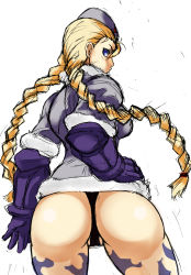 Rule 34 | 1girl, ass, bad id, bad pixiv id, blue eyes, braid, cammy white, capcom, from behind, garrison cap, hand on own hip, hat, highres, kagannma3594, leotard, looking back, nuezou, sketch, solo, street fighter, thong leotard, twin braids
