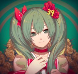 Rule 34 | 1girl, 39, bow, character name, commentary, floral background, flower, green eyes, green hair, hair bow, hair flower, hair ornament, hatsune miku, isumi (yangyan), looking at viewer, lowres, miku day, red bow, red flower, red rose, rose, smile, solo, symbol-only commentary, upper body, vocaloid, yellow flower, yellow rose