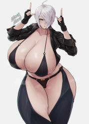 Rule 34 | 1girl, absurdres, ahoge, alternate breast size, angel (kof), blue eyes, breasts, cleavage, curvy, grey hair, highres, huge breasts, short hair, snk, solo, sweat, the king of fighters, thick thighs, thighs, watermark, wide hips, zer0.zer0