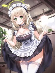 Rule 34 | 1girl, apron, blue archive, blush, cafe, choker, clothes lift, commission, green eyes, highres, ine (ineinnen), lace, lace-trimmed legwear, lace trim, lifting own clothes, light brown hair, maid, maid apron, maid headdress, nonomi (blue archive), pixiv commission, plant, ribbon, ribbon trim, skirt, skirt lift, smile, thighhighs, thighs, white thighhighs