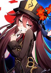 Rule 34 | 1girl, absurdres, black hat, black nails, blush, chinese clothes, closed eyes, fang, flower-shaped pupils, genshin impact, ghost, hair between eyes, half-closed eyes, hat, highres, hu tao (genshin impact), huge filesize, index finger raised, jewelry, long hair, long sleeves, looking at viewer, nail polish, open mouth, overlord (overlord80000), smile, smug, solo, symbol-shaped pupils, teeth, twintails, very long hair