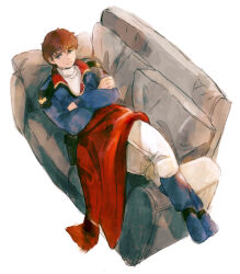 Rule 34 | 1boy, amuro ray, belt pouch, blue eyes, blue footwear, blue jacket, brown hair, char&#039;s counterattack, coat, unworn coat, couch, crossed arms, ex.rudo, full body, gundam, jacket, long sleeves, looking at viewer, lying, male focus, on back, on couch, pants, pouch, red coat, shirt, short hair, simple background, smile, solo, turtleneck, white background, white pants, white shirt