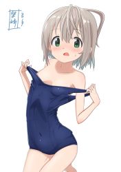 Rule 34 | 1girl, bare shoulders, blue one-piece swimsuit, child, clothes pull, collarbone, commentary request, covered navel, green eyes, grey hair, hair ornament, highres, kohshibasaki, looking at viewer, one-piece swimsuit, one-piece swimsuit pull, open mouth, school swimsuit, short hair, solo, sweatdrop, swimsuit, white background, yama no susume, yukimura aoi